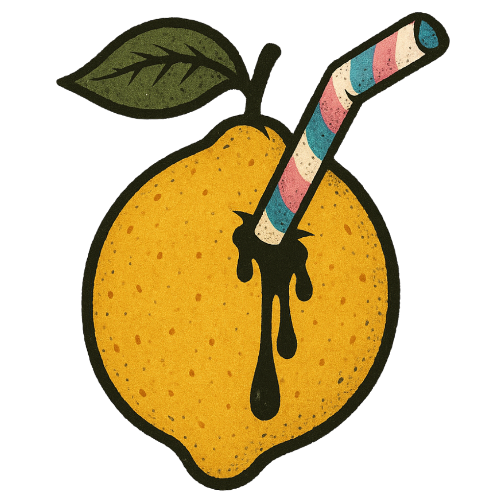 A cartoon lemon with a pink/blue/white striped straw sticking out of it, dripping black juice.